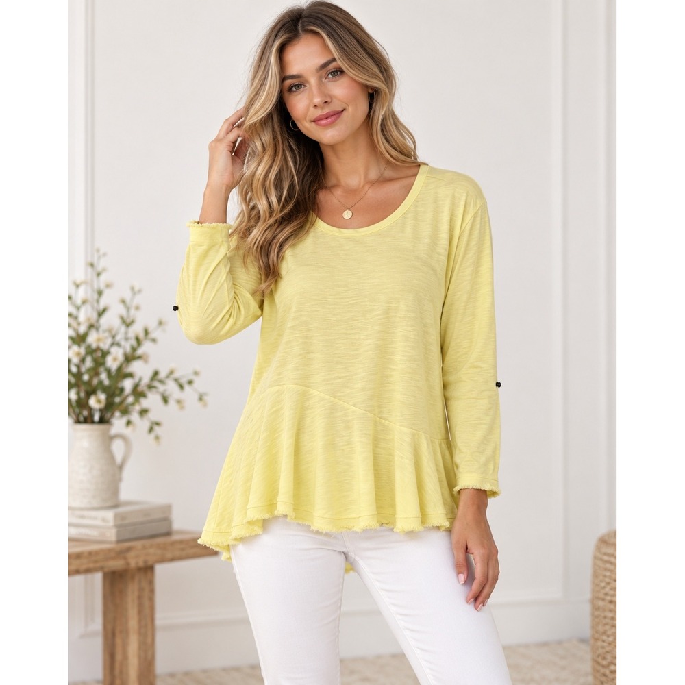 Soft Surroundings Peplum Top Womens Medium Yellow Slub Knit Raw Hem Casual Boho